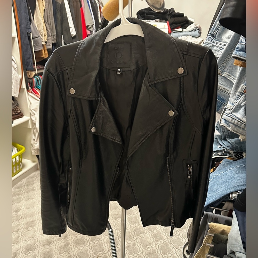 Black faux leather biker jacket - gently worn
